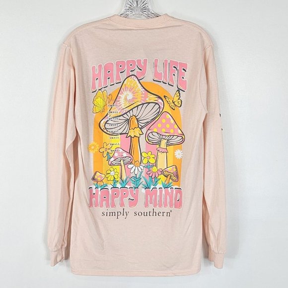 Simply Southern Long Sleeve Graphic T Size Small Mushroom Happy Life Happy Mind - Picture 1 of 14